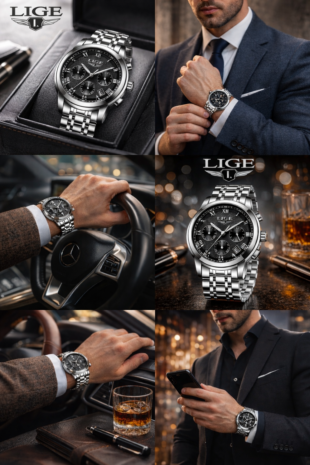 TECKMOOR Men's Watch LIGE Multi-Function Three-Eye Corrugated Watch - Silver Black