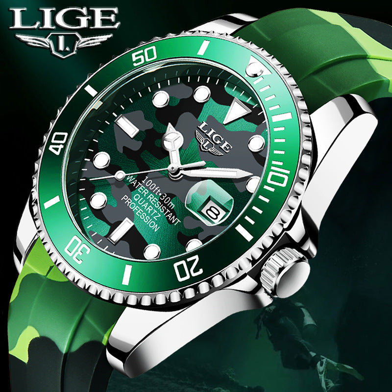 TECKMOOR LIGE Men's Quartz Watch 30M Waterproof Watch Silicone Camo Strap - Green