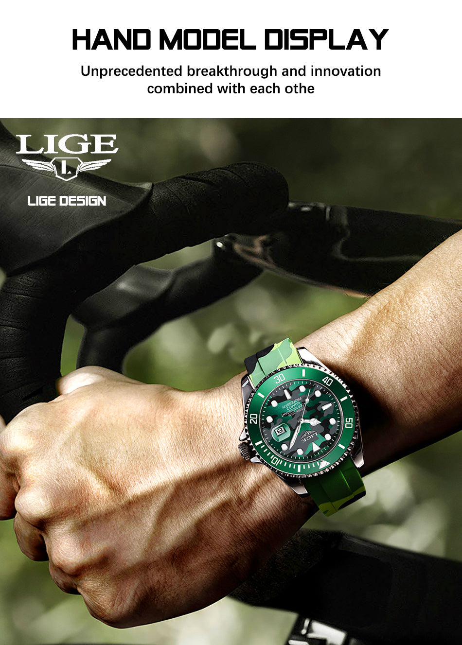 TECKMOOR LIGE Men's Quartz Watch 30M Waterproof Watch Silicone Camo Strap - Green