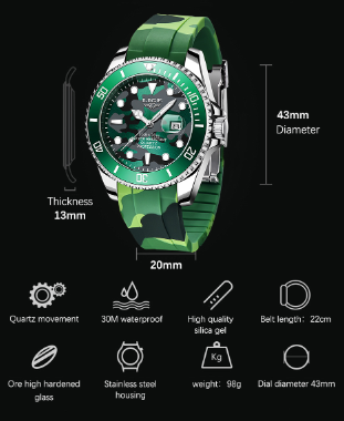 TECKMOOR LIGE Men's Quartz Watch 30M Waterproof Watch Silicone Camo Strap - Green